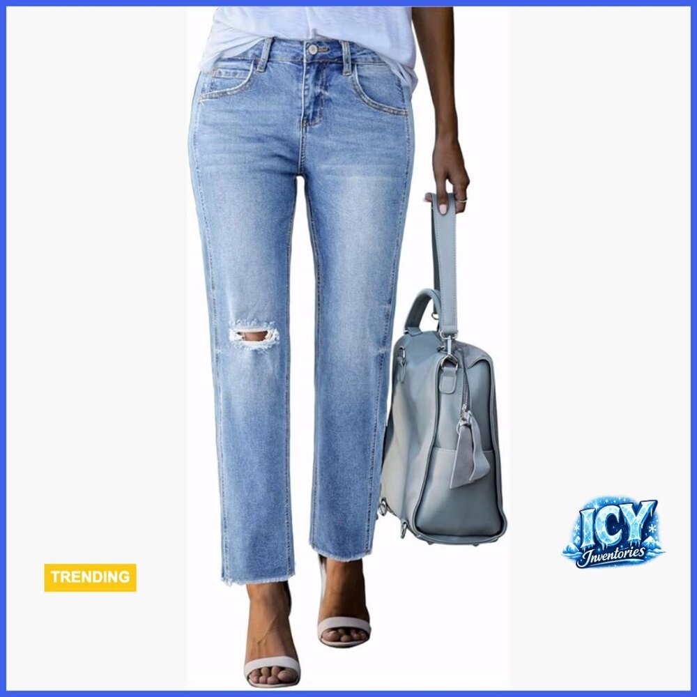 High Waisted Boyfriend Jeans Ripped Straight Leg Raw Hem Stretchy Denim Pants